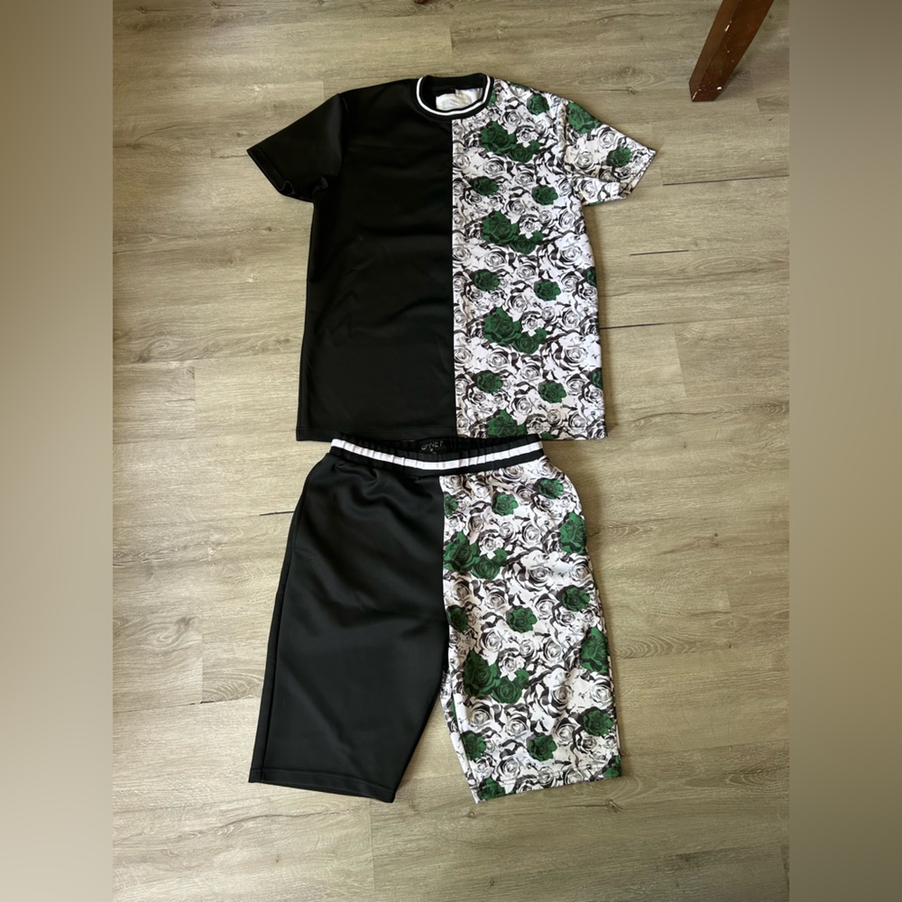 Casual Outfit. Black, White, and Green with roses. 2 tone Set.